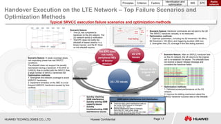 HUAWEI TECHNOLOGIES CO., LTD. Huawei Confidential Page 17
Handover Execution on the LTE Network – Top Failure Scenarios and
Optimization Methods
bSRVCC
2G LTE issues
Return to the
original 4G
cell.
The EPC does
not notify
peripheral NEs
of bearer
deletion.
4G LTE
issues
 Quickly checking
GSM interference
 Quickly solving GSM
capacity issues
 Quickly
troubleshooting GSM
maintenance issues
 Scenario feature: After an SRVCC handover fails
on the 2G network, the UE returns to the original
cell to re-establish the bearer. The eNodeB does
not receive a bearer release message and
considers the handover failed.
 Optimization methods:
1. Optimize access performance on the 2G
network.
2. Improve the dotting mechanism about the
SRVCC handover success rate on the eNodeB.
Scenario feature: In weak coverage areas,
call originating phase has met SRVCC
conditions.
The eNodeB does not support the penalty
mechanism during a handover. If the BYE or
CANCEL flow is conflict with the SRVCC flow,
a large number of SRVCC handovers fail.
Optimization methods:
1. Strengthen the network coverage to avoid
bSRVCC handovers.
2. Implement remedies on the SBC to avoid
frequent bSRVCC handovers caused by flow
conflicts.
Scenario feature:
 The UE has completed a
handover on the 2G network. The
2G network sends a notification.
 The EPC does not notify the
eNodeB of bearer deletion in a
timely manner, and the S1 timer
on the eNodeB expires.
 Scenario feature: Handover commands are not sent to the UE.
The SRVCC handover, actually, is not executed.
 Optimization methods:
1. Optimize parameters, including the A2 threshold (-85 dBm),
B2 threshold (-100 dBm), and triggering duration (320 ms).
2. Strengthen the LTE coverage in the fast fading scenario.
Typical SRVCC execution failure scenarios and optimization methods
Fast fading
 There are 606 uplink interference cells on
the whole GSM network in Chengdu,
accounting for 1.94%.
 Among interference cells in Chengdu,
there are 261 main urban areas
(accounting for 0.84%) and 345 non-main
urban areas (accounting for 1.1%).
GSM Uplink Interference Cell Distribution
Principles Criterion Factors
Identification and
optimization
IMS EPC
Radio
network
 