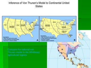 Inference of Von Thunen’s Model to Continental United
States
Vegetables
Dairy
Cotton and
Tobacco
Corn and
Soybeans
Wheat
Beef Cattle
and Sheep
Forest
Corn and
Soybeans
Wheat
Beef Cattle
and Sheep
Cotton and
Tobacco
Forest
Specialty
Crops
Specialty
Crops
Dairy
Vegetables
Assumptions
1. New York City the only market
2. Crops ranked by rent paying ability
3. No terrain or climatic variation
Assumptions
1. New York City the only market
2. Crops ranked by rent paying ability
3. No terrain variation
4. Climatic variation considered
A B
Compare the national von
Thunen model to the Whittlesey
agricultural regions
 