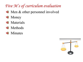 Five M’s of curriculum evaluation
Men & other personnel involved
Money
Materials
Methods
Minutes
 