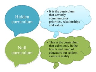 • It is the curriculum
that covertly
communicates
priorities, relationships
and values.
Hidden
curriculum
• This is the curriculum
that exists only in the
hearts and mind of
educators but seldom
exists in reality.
Null
curriculum
 