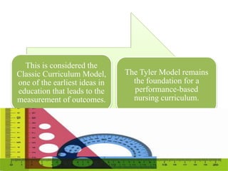 This is considered the
Classic Curriculum Model,
one of the earliest ideas in
education that leads to the
measurement of outcomes.
The Tyler Model remains
the foundation for a
performance-based
nursing curriculum.
 