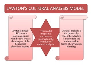 LAWTON'S CULTURAL ANALYSIS MODEL
Lawton's model (
1983) was a
reaction against
what he saw was as
the dangers of the
behavioral
objectives models.
This model
proposes a
curriculum
planned on the
technique of
cultural analysis.
Cultural analysis is
the process by
which the selection
is made from the
culture and in
terms of curriculum
planning.
 