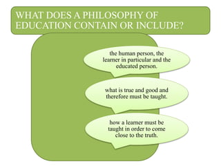 WHAT DOES A PHILOSOPHY OF
EDUCATION CONTAIN OR INCLUDE?
the human person, the
learner in particular and the
educated person.
what is true and good and
therefore must be taught.
how a learner must be
taught in order to come
close to the truth.
 