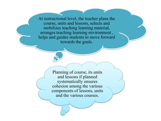 At instructional level, the teacher plans the
course, units and lessons, selects and
mobilizes teaching learning material,
arranges teaching learning environment ,
helps and guides students to move forward
towards the goals.
Planning of course, its units
and lessons if planned
systematically ensures
cohesion among the various
components of lessons, units
and the various courses.
 