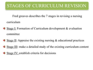 STAGES OF CURRICULUM REVISION
Fred greaves describes the 7 stages in revising a nursing
curriculum
Stage I: Formation of Curriculum development & evaluation
committee
Stage II: Appraise the existing nursing & educational practices
Stage III: make a detailed study of the existing curriculum content
Stage IV: establish criteria for decisions
 