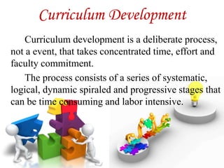 Curriculum Development
Curriculum development is a deliberate process,
not a event, that takes concentrated time, effort and
faculty commitment.
The process consists of a series of systematic,
logical, dynamic spiraled and progressive stages that
can be time consuming and labor intensive.
 