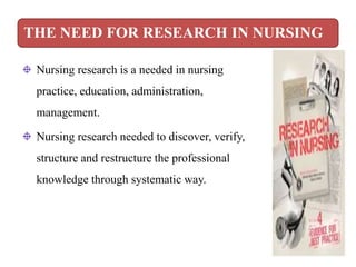 THE NEED FOR RESEARCH IN NURSING
Nursing research is a needed in nursing
practice, education, administration,
management.
Nursing research needed to discover, verify,
structure and restructure the professional
knowledge through systematic way.
 