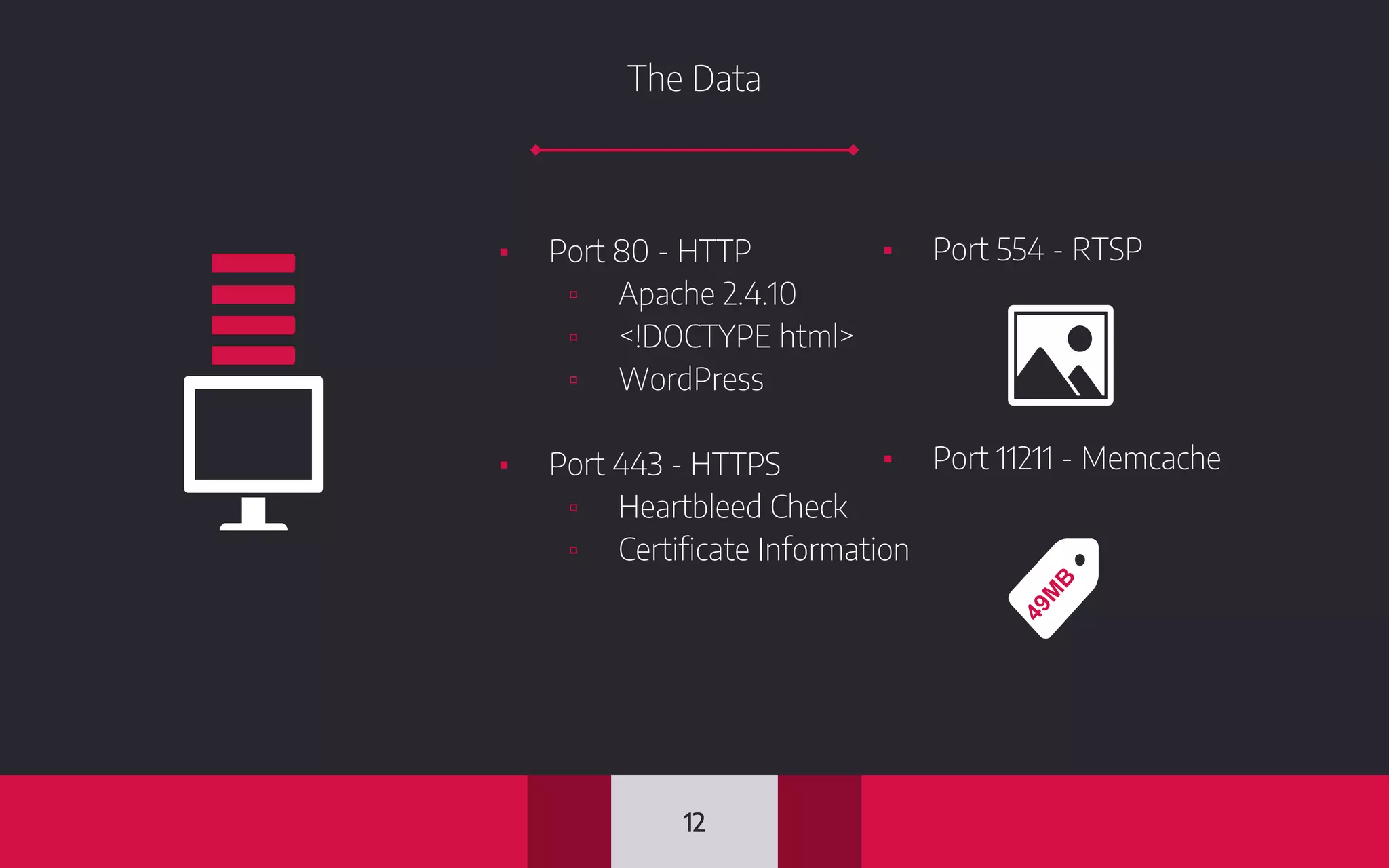 The Data
12
▪ Port 80 - HTTP
▫ Apache 2.4.10
▫ <!DOCTYPE html>
▫ WordPress
▪ Port 443 - HTTPS
▫ Heartbleed Check
▫ Certificate Information
▪ Port 554 - RTSP
▪ Port 11211 - Memcache
 