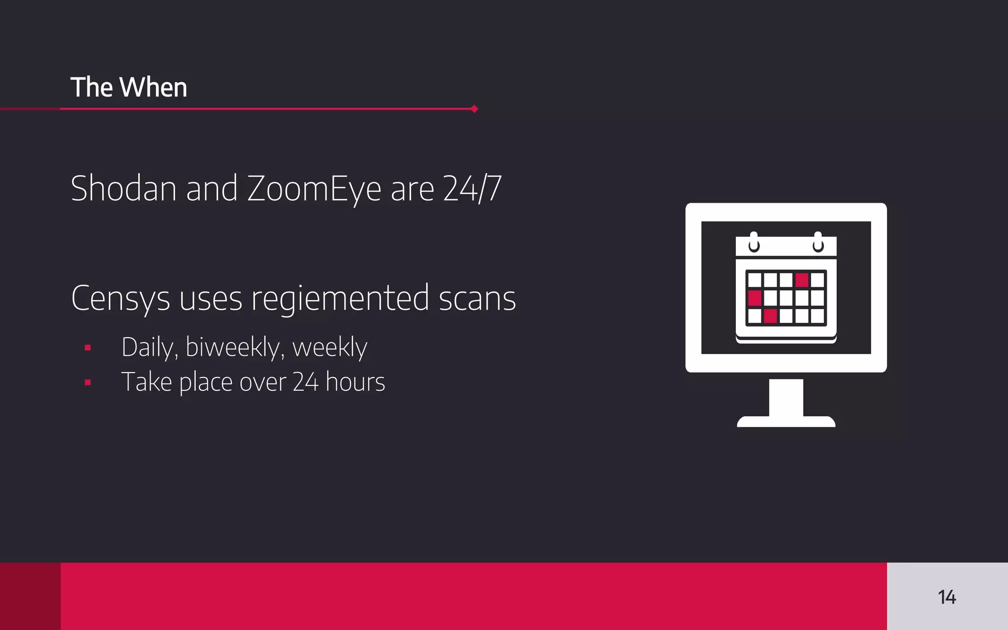 The When
Shodan and ZoomEye are 24/7
Censys uses regiemented scans
▪ Daily, biweekly, weekly
▪ Take place over 24 hours
14
 