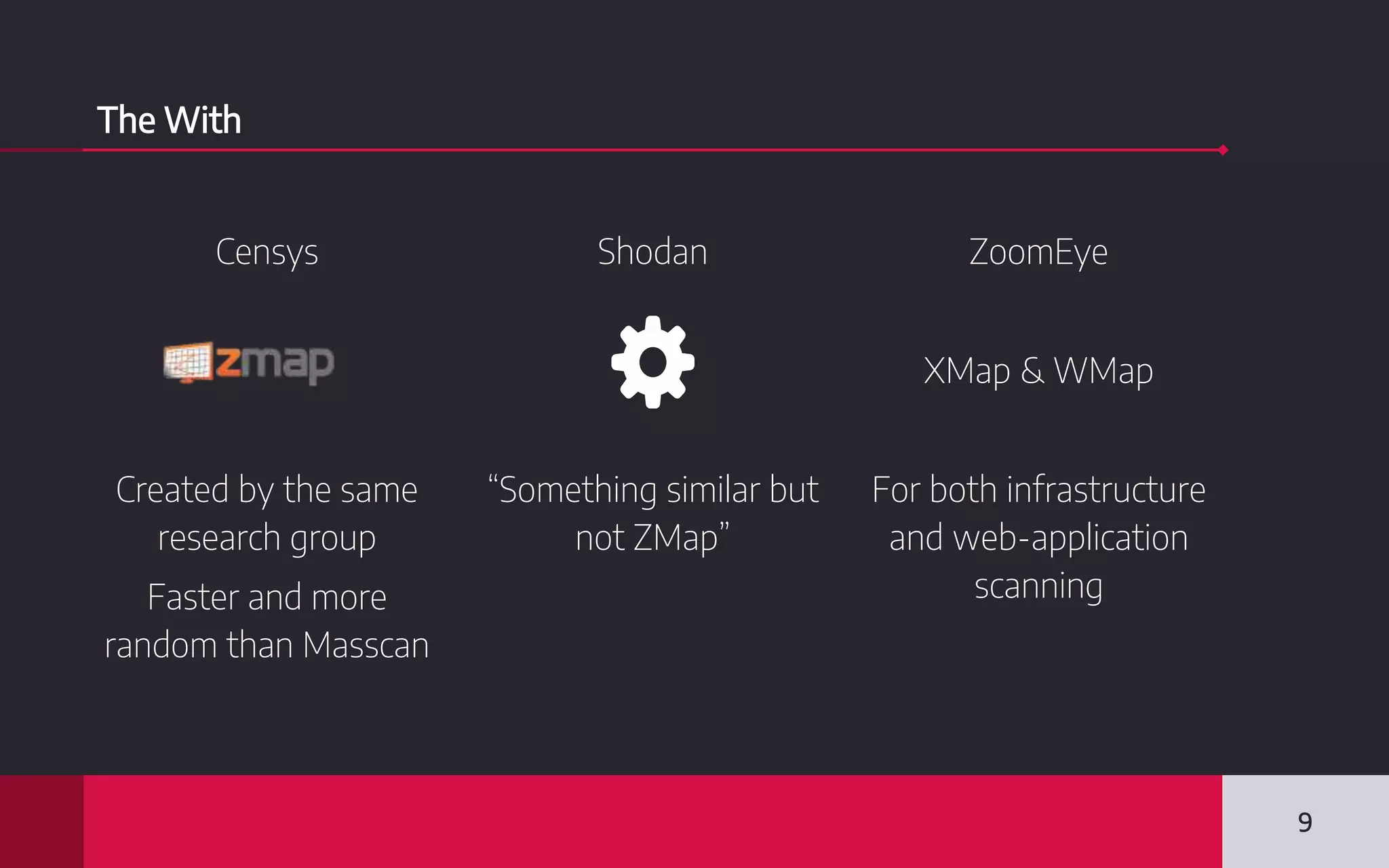 The With
Censys
Created by the same
research group
Faster and more
random than Masscan
Shodan
“Something similar but
not ZMap”
ZoomEye
XMap & WMap
For both infrastructure
and web-application
scanning
9
 