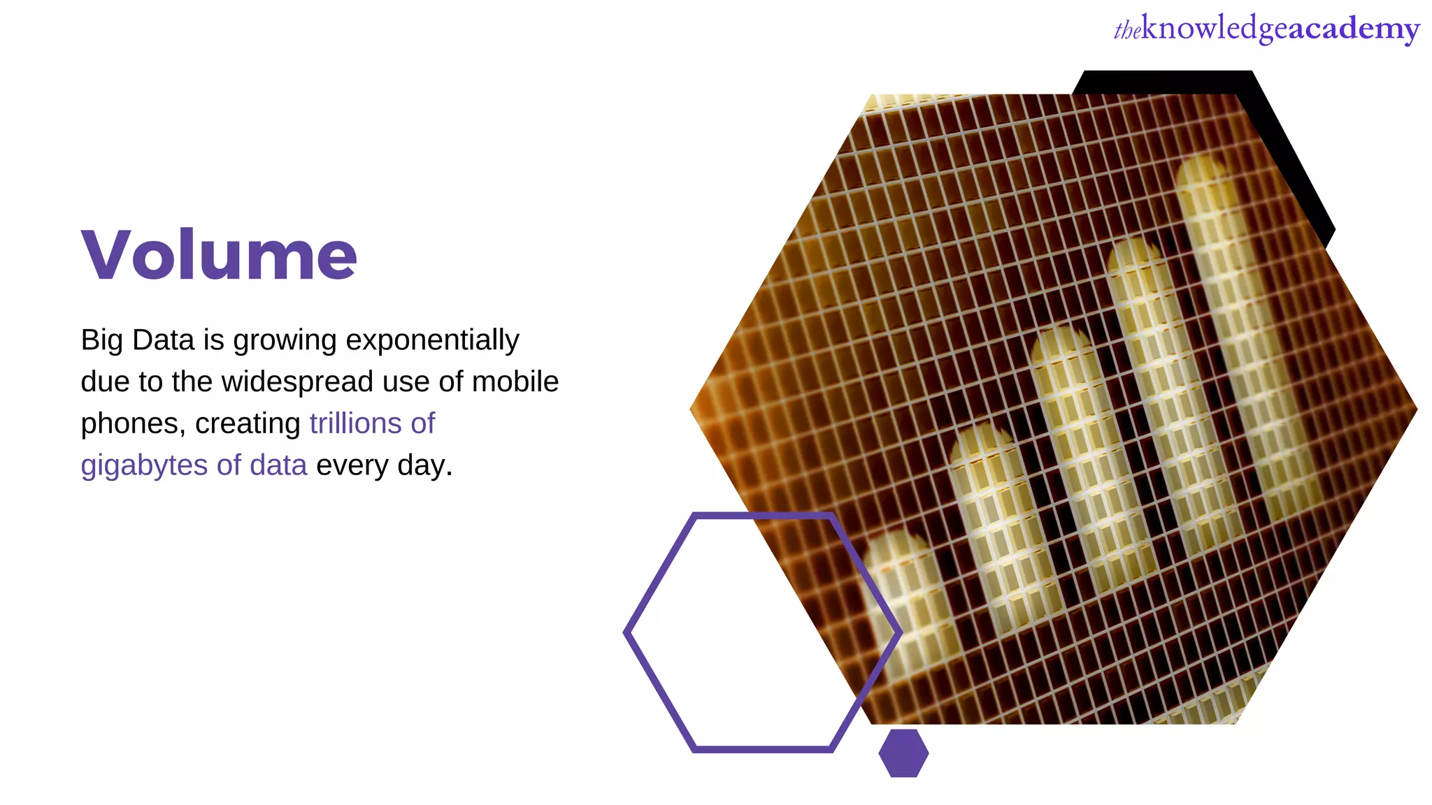 Big Data is growing exponentially
due to the widespread use of mobile
phones, creating trillions of
gigabytes of data every day.
Volume