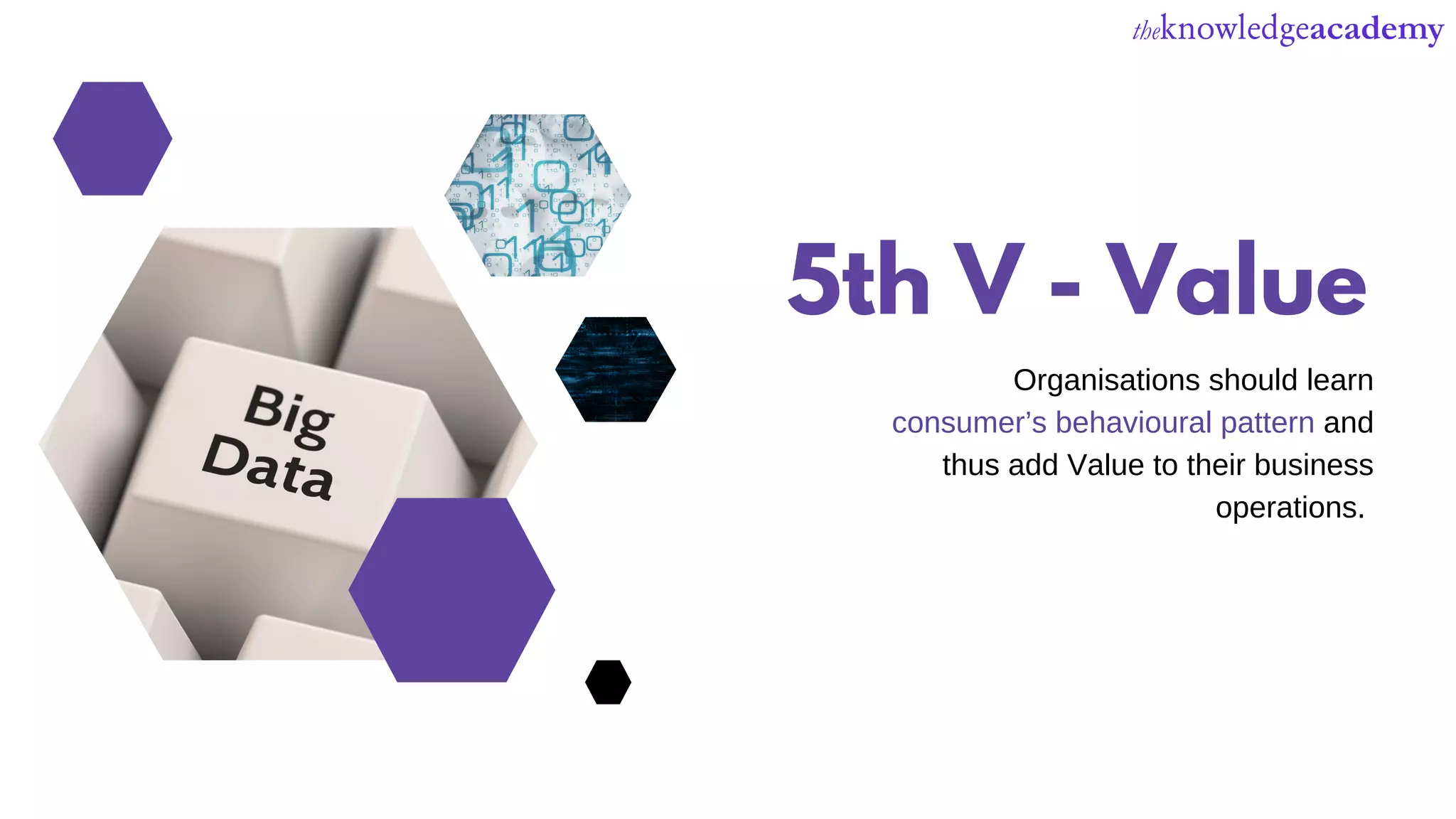 5th V - Value
Organisations should learn
consumerās behavioural pattern and
thus add Value to their business
operations.