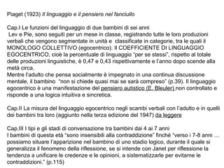 Piaget (1923) Il linguaggio e il pensiero nel fanciullo
Cap.I Le funzioni del linguaggio di due bambini di sei anni
Lev e Pie, sono seguiti per un mese in classe, registrando tutte le loro produzioni
verbali che vengono segmentate in unità e classificate in categorie, tra le quali il
MONOLOGO COLLETTIVO (egocentrico). Il COEFFICIENTE DI LINGUAGGIO
EGOCENTRICO, cioè la percentuale di linguaggio “per se stessi”, rispetto al totale
delle produzioni linguistiche, è 0,47 e 0,43 rispettivamente e l’anno dopo scende alla
metà circa.
Mentre l’adulto che pensa socialmente è impegnato in una continua discussione
mentale, il bambino “non si chiede quasi mai se sarà compreso” (p.39). Il linguaggio
egocentrico è una manifestazione del pensiero autistico (E. Bleuler) non controllato e
risponde a una logica intuitiva e sincretica.
Cap.II La misura del linguaggio egocentrico negli scambi verbali con l’adulto e in quelli
dei bambini tra loro (aggiunto nella terza edizione del 1947) da leggere
Cap.III I tipi e gli stadi di conversazione tra bambini dai 4 ai 7 anni
I bambini di questa età “sono insensibili alla contraddizione” finché “verso i 7-8 anni …
possiamo situare l’apparizione nel bambino di uno stadio logico, durante il quale si
generalizza il fenomeno della riflessione, se si intende con Janet per riflessione la
tendenza a unificare le credenze e le opinioni, a sistematizzarle per evitarne le
contraddizioni.” (p.115)

 
