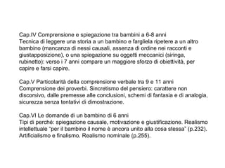 Cap.IV Comprensione e spiegazione tra bambini a 6-8 anni
Tecnica di leggere una storia a un bambino e fargliela ripetere a un altro
bambino (mancanza di nessi causali, assenza di ordine nei racconti e
giustapposizione), o una spiegazione su oggetti meccanici (siringa,
rubinetto): verso i 7 anni compare un maggiore sforzo di obiettività, per
capire e farsi capire.
Cap.V Particolarità della comprensione verbale tra 9 e 11 anni
Comprensione dei proverbi. Sincretismo del pensiero: carattere non
discorsivo, dalle premesse alle conclusioni, schemi di fantasia e di analogia,
sicurezza senza tentativi di dimostrazione.
Cap.VI Le domande di un bambino di 6 anni
Tipi di perché: spiegazione causale, motivazione e giustificazione. Realismo
intellettuale “per il bambino il nome è ancora unito alla cosa stessa” (p.232).
Artificialismo e finalismo. Realismo nominale (p.255).

 