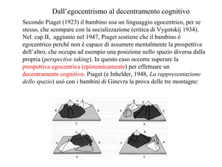 Dall’egocentrismo al decentramento cognitivo
Secondo Piaget (1923) il bambino usa un linguaggio egocentrico, per se
stesso, che scompare con la socializzazione (critica di Vygotskij 1934).
Nel cap.II, aggiunto nel 1947, Piaget sostiene che il bambino è
egocentrico perché non è capace di assumere mentalmente la prospettiva
dell’altro, che occupa ad esempio una posizione nello spazio diversa dalla
propria (perspective taking). In questo caso occorre superare la
prospettiva egocentrica (epistemicamente) per effettuare un
decentramento cognitivo. Piaget (e Inhelder, 1948, La rappresentazione
dello spazio) usò con i bambini di Ginevra la prova delle tre montagne:

 