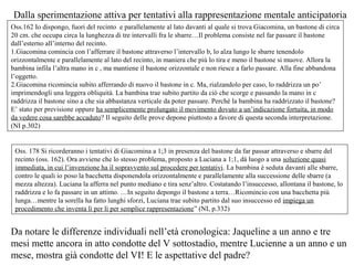 Dalla sperimentazione attiva per tentativi alla rappresentazione mentale anticipatoria
Oss.162 Io dispongo, fuori del recinto e parallelamente al lato davanti al quale si trova Giacomina, un bastone di circa
20 cm. che occupa circa la lunghezza di tre intervalli fra le sbarre…Il problema consiste nel far passare il bastone
dall’esterno all’interno del recinto.
1.Giacomina comincia con l’afferrare il bastone attraverso l’intervallo b, lo alza lungo le sbarre tenendolo
orizzontalmente e parallelamente al lato del recinto, in maniera che più lo tira e meno il bastone si muove. Allora la
bambina infila l’altra mano in c , ma mantiene il bastone orizzontale e non riesce a farlo passare. Alla fine abbandona
l’oggetto.
2.Giacomina ricomincia subito afferrando di nuovo il bastone in c. Ma, rialzandolo per caso, lo raddrizza un po’
imprimendogli una leggera obliquità. La bambina trae subito partito da ciò che scorge e passando la mano in c
raddrizza il bastone sino a che sia abbastanza verticale da poter passare. Perché la bambina ha raddrizzato il bastone?
E’ stato per previsione oppure ha semplicemente prolungato il movimento dovuto a un’indicazione fortuita, in modo
da vedere cosa sarebbe accaduto? Il seguito delle prove depone piuttosto a favore di questa seconda interpretazione.
(NI p.302)

Oss. 178 Si ricorderanno i tentativi di Giacomina a 1;3 in presenza del bastone da far passar attraverso e sbarre del
recinto (oss. 162). Ora avviene che lo stesso problema, proposto a Luciana a 1;1, dà luogo a una soluzione quasi
immediata, in cui l’invenzione ha il sopravvento sul procedere per tentativi. La bambina è seduta davanti alle sbarre,
contro le quali io poso la bacchetta disponendola orizzontalmente e parallelamente alla successione delle sbarre (a
mezza altezza). Luciana la afferra nel punto mediano e tira senz’altro. Costatando l’insuccesso, allontana il bastone, lo
raddrizza e lo fa passare in un attimo. …In seguito depongo il bastone a terra…Ricomincio con una bacchetta più
lunga…mentre la sorella ha fatto lunghi sforzi, Luciana trae subito partito dal suo insuccesso ed impiega un
procedimento che inventa lì per lì per semplice rappresentazione” (NI, p.332)

Da notare le differenze individuali nell’età cronologica: Jaqueline a un anno e tre
mesi mette ancora in atto condotte del V sottostadio, mentre Lucienne a un anno e un
mese, mostra già condotte del VI! E le aspettative del padre?

 