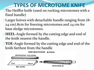 TYPES OF MICROTOME KNIFE 
The Heiffor knife (used on rocking microtomes with a 
fixed handle) 
Larger knives with detachable handle ranging from (8- 
24 cm).8cm for freezing microtomes and 24 cm for 
base sledge microtomes. 
HEEL-Angle formed by the cutting edge and end of 
the knife nearest the handle. 
TOE-Angle formed by the cutting edge and end of the 
knife farthest from the handle 
 
