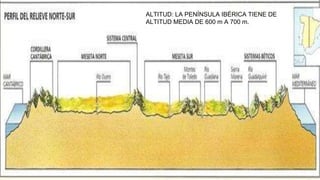 ALTITUD: LA PENÍNSULA IBÉRICA TIENE DE
ALTITUD MEDIA DE 600 m A 700 m.
 