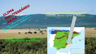 Este clima se da en parte de la comunidad
Valenciana, Murcia y parte de Andalucía
Las precipitaciones son más escasas
y la temperaturas más cálidas
 