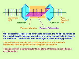 • • • • • •
Polariser
Unpolarised
light
Plane
Polarised
lightAnalyser
Plane of Vibration Plane of Polarisation
90°
When unpolarised light is incident on the polariser, the vibrations parallel to
the crystallographic axis are transmitted and those perpendicular to the axis
are absorbed. Therefore the transmitted light is plane (linearly) polarised.
The plane which contains the crystallographic axis and vibrations
transmitted from the polariser is called plane of vibration.
The plane which is perpendicular to the plane of vibration is called plane
of polarisation.
 