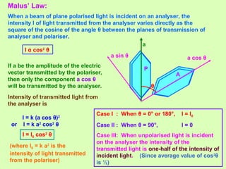 Malus’ Law:
When a beam of plane polarised light is incident on an analyser, the
intensity I of light transmitted from the analyser varies directly as the
square of the cosine of the angle θ between the planes of transmission of
analyser and polariser.
I α cos2
θ
P
A
θ
a cos θa sin θ
If a be the amplitude of the electric
vector transmitted by the polariser,
then only the component a cos θ
will be transmitted by the analyser.
Intensity of transmitted light from
the analyser is
I = k (a cos θ)2
or I = k a2
cos2
θ
I = I0 cos2
θ
(where I0 = k a2
is the
intensity of light transmitted
from the polariser)
Case I : When θ = 0° or 180°, I = I0
Case II : When θ = 90°, I = 0
Case III: When unpolarised light is incident
on the analyser the intensity of the
transmitted light is one-half of the intensity of
incident light. (Since average value of cos2
θ
is ½)
a
 