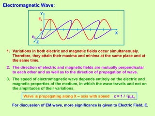 0
Electromagnetic Wave:
X
E0
B0
Y
Z
Wave is propagating along X – axis with speed c = 1 / √μ0ε0
For discussion of EM wave, more significance is given to Electric Field, E.
1. Variations in both electric and magnetic fields occur simultaneously.
Therefore, they attain their maxima and minima at the same place and at
the same time.
2. The direction of electric and magnetic fields are mutually perpendicular
to each other and as well as to the direction of propagation of wave.
3. The speed of electromagnetic wave depends entirely on the electric and
magnetic properties of the medium, in which the wave travels and not on
the amplitudes of their variations.
 
