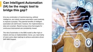 Can Intelligent Automation
(IA) be the magic tool to
bridge this gap?
5
IA is any combination of machine learning, artificial
intelligence, and robotic process automation used creatively
to improve a process. The potential benefits of intelligent
automation are well known; however, the implementation is
slow and uncertain. Recent surveys show that targets for
continuous improvement are consistently missed.
The role of automation in the AMS model is often high on
rhetoric and low on implementation; hence, you need clarity
of vision and a clear roadmap to achieve automation-driven
SAP AMS Support.
 