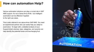 How can automation Help?
6
Various automation solutions can play a crucial role in SAP
AMS support. It’s not a Swiss Army Knife - but intelligent
automation can be effective if applied
to the right use cases.
This is also referred to as value-driven SAP AMS. You need
an experienced partner who can easily help you adapt to
automation. To begin with, a detailed analysis of your
Support-ticket volumes, type, categories, and severity can
help identify the potential areas and low-hanging fruit.
 