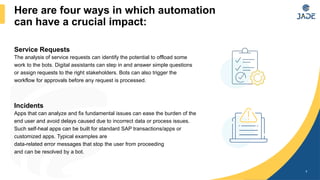 Here are four ways in which automation
can have a crucial impact:
7
Service Requests
The analysis of service requests can identify the potential to offload some
work to the bots. Digital assistants can step in and answer simple questions
or assign requests to the right stakeholders. Bots can also trigger the
workflow for approvals before any request is processed.
Incidents
Apps that can analyze and fix fundamental issues can ease the burden of the
end user and avoid delays caused due to incorrect data or process issues.
Such self-heal apps can be built for standard SAP transactions/apps or
customized apps. Typical examples are
data-related error messages that stop the user from proceeding
and can be resolved by a bot.
 