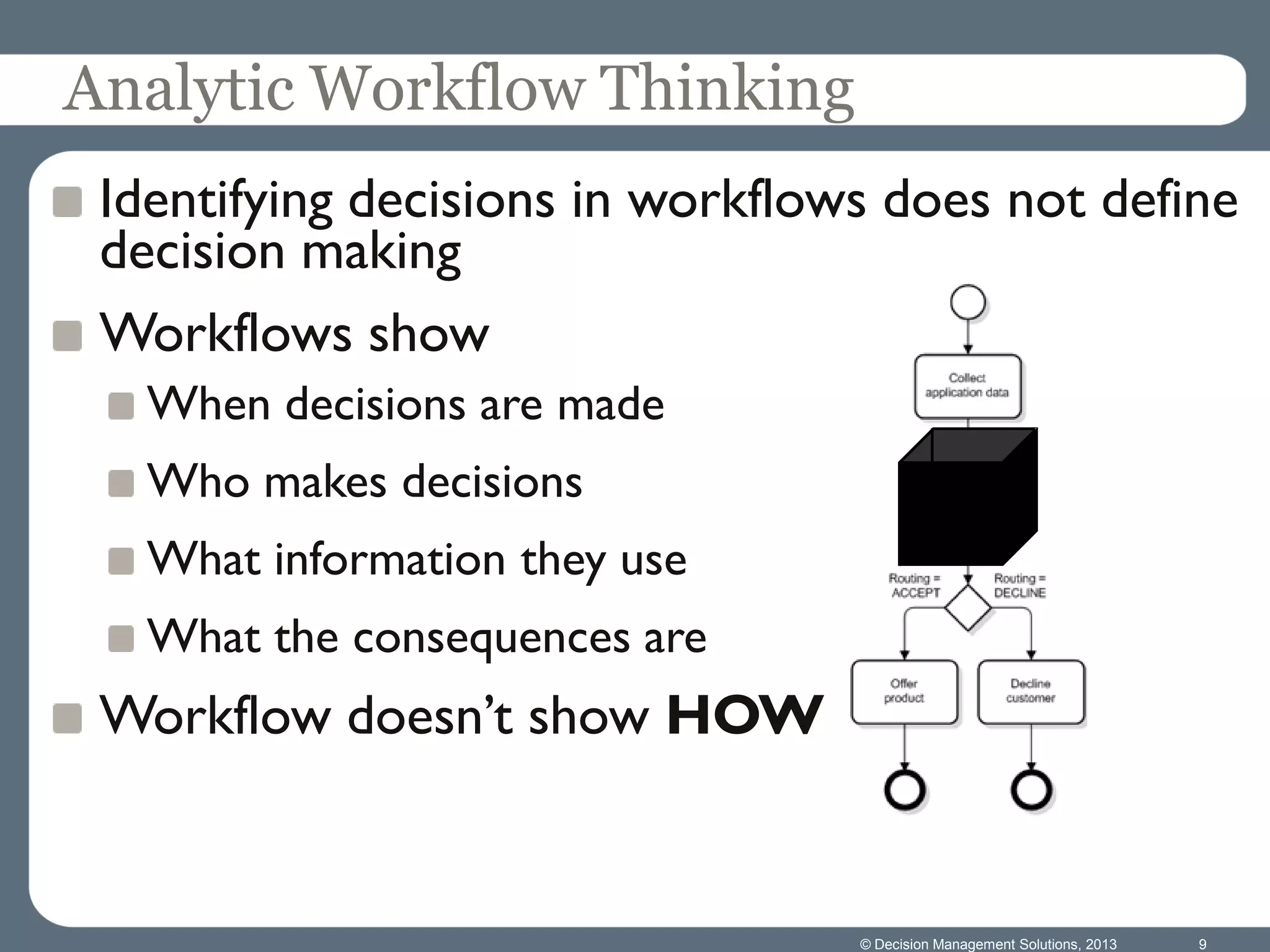 Analytic Workflow Thinking
Identifying decisions in workflows does not define
decision making
Workflows show
When decisions are made
Who makes decisions
What information they use
What the consequences are
Workflow doesn’t show HOW
9© Decision Management Solutions, 2013
 