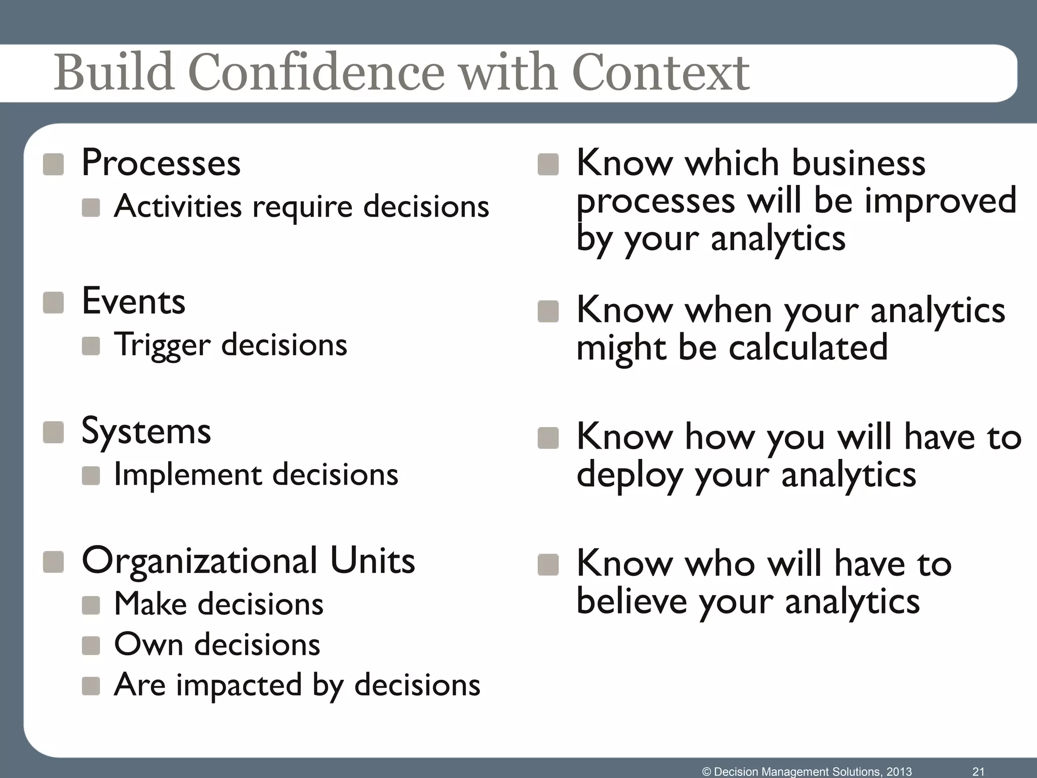 © Decision Management Solutions, 2013 21
Build Confidence with Context
Processes
Activities require decisions
Events
Trigger decisions
Systems
Implement decisions
Organizational Units
Make decisions
Own decisions
Are impacted by decisions
Know which business
processes will be improved
by your analytics
Know when your analytics
might be calculated
Know how you will have to
deploy your analytics
Know who will have to
believe your analytics
 