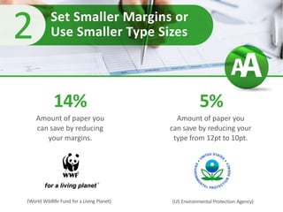 Set Smaller Margins or
Use Smaller Type Sizes2
Amount of paper you
can save by reducing
your margins.
14% 5%
Amount of pap...