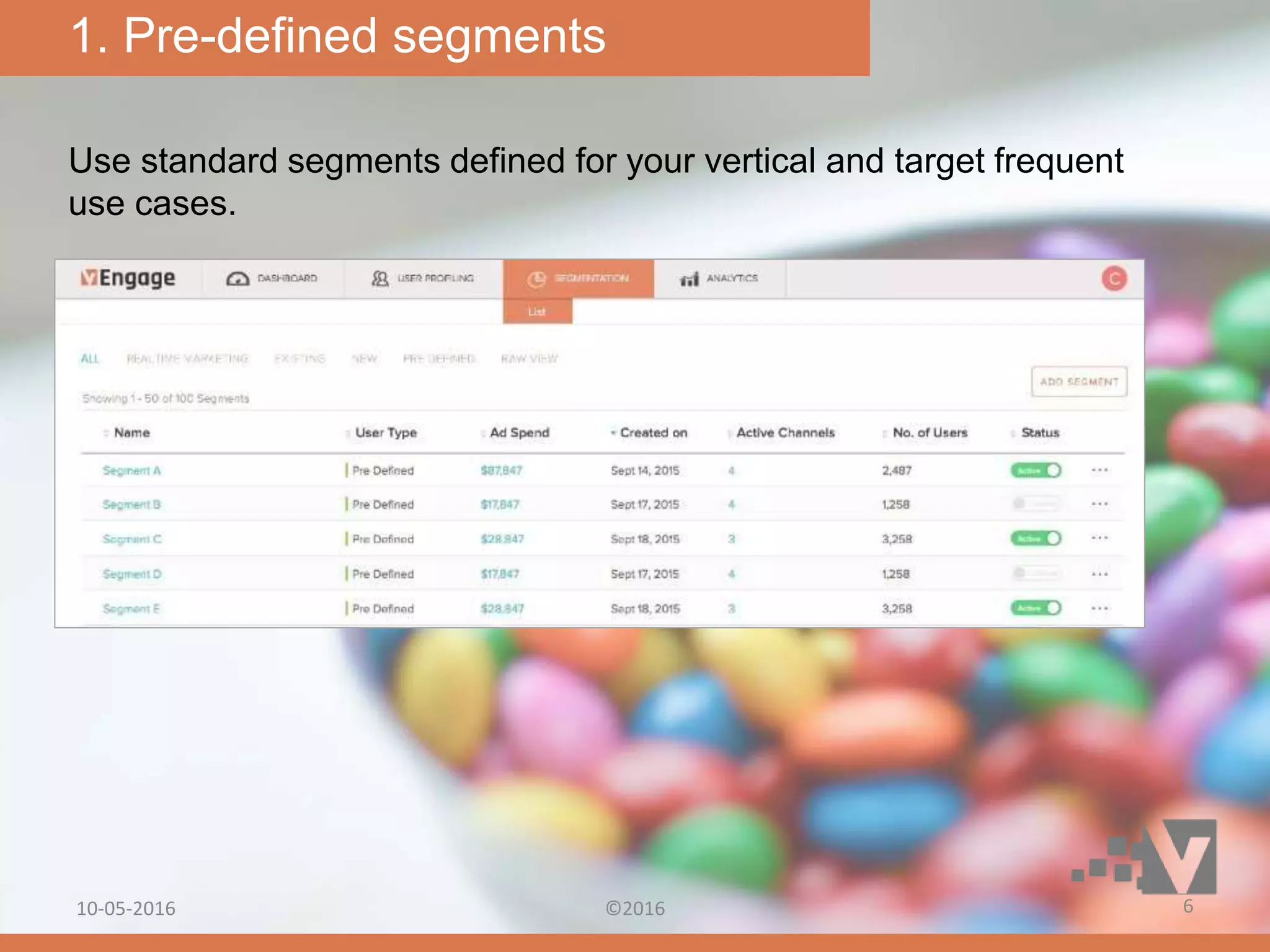 1. Pre-defined segments
Use standard segments defined for your vertical and target frequent
use cases.
10-05-2016 ©2016 6
