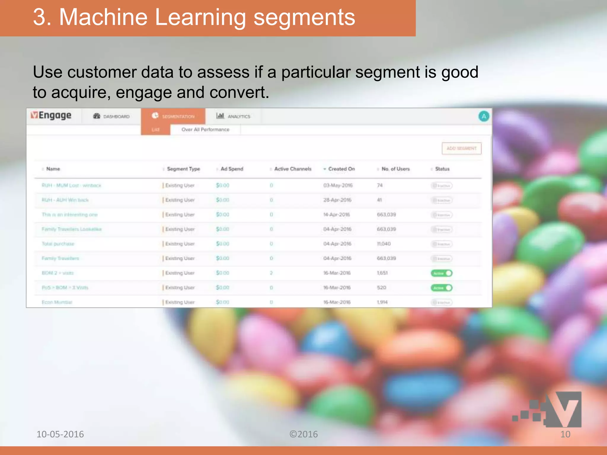 Use customer data to assess if a particular segment is good
to acquire, engage and convert.
3. Machine Learning segments
10-05-2016 ©2016 10
