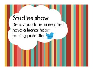Behaviors done more often
have a higher habit forming
potential
Studies show:
tweetable
 