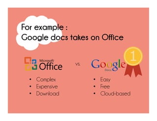 • Complex
• Expensive
• Download
• Easy
• Free
• Cloud-based
For example :
Google docs takes on Office
vs.
 