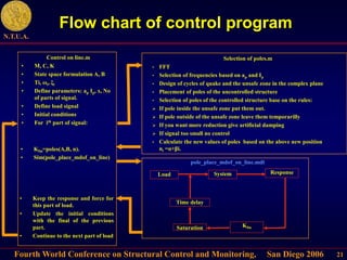 Fourth World Conference on Structural Control and Monitoring, San Diego 2006
N.T.U.A.
21
Flow chart of control program
pole_place_mdof_on_line.mdl
Load System Response
Kfm
Saturation
Time delay
Selection of poles.m
• FFT
• Selection of frequencies based on ap and Ιp
• Design of cycles of quake and the unsafe zone in the complex plane
• Placement of poles of the uncontrolled structure
• Selection of poles of the controlled structure base on the rules:
 If pole inside the unsafe zone put them out.
 If pole outside of the unsafe zone leave them temporarilly
 If you want more reduction give artificial damping
 If signal too small no control
• Calculate the new values of poles based on the above new position
ni =α+βi.
Control on line.m
• M, C, K
• State space formulation A, B
• Ti, ωi, ξi
• Define parameters: ap Ιp, x, No
of parts of signal.
• Define load signal
• Initial conditions
• For ith part of signal:
• Kfm=poles(A,B, n).
• Sim(pole_place_mdof_on_line)
• Keep the response and force for
this part of load.
• Update the initial conditions
with the final of the previous
part.
• Continue to the next part of load
 