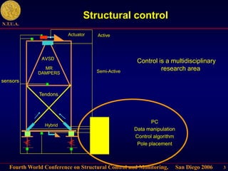 Fourth World Conference on Structural Control and Monitoring, San Diego 2006
N.T.U.A.
3
Structural control
PC
Data manipulation
Control algorithm
Pole placement
sensors
Hybrid
Actuator Active
Tendons
AVSD
MR
DAMPERS Semi-Active
Control is a multidisciplinary
research area
 