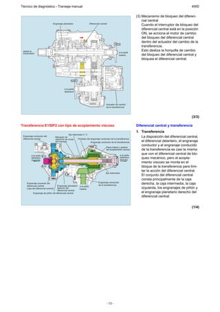 Técnico de diagnóstico - Transeje manual                                                                                                                     4WD

                                                                                                                       (3) Mecanismo de bloqueo del diferen-
                                                                                                                           cial central
                                 Engranaje planetario                    Diferencial central
                                                                                                                           Cuando el interruptor de bloqueo del
                                                                                                                           diferencial central está en la posición
                                                                                                                           ON, se acciona el motor de cambio
                                                                                                                           del bloqueo del diferencial central
                                                                                                                           dentro del actuador del cambio de la
                                                                                                                           transferencia.
 desde la                                                                                                                  Esto desliza la horquilla de cambio
                                                                                                        a la parte
 transmisión
                                                                                                        trasera            del bloqueo del diferencial central y
                                                                                                                           bloquea el diferencial central.




                                             a la parte
                                             delantera




                                                                                           Actuador de cambio
                                                                                           de la transferencia



                                                                                                                                                             (3/3)

Transferencia E150F2 con tipo de acoplamiento viscoso                                                                  Diferencial central y transferencia
                                                                                                                       1. Transferencia
                                                 Eje intermedio n° 2
 Engranaje conductor del             Manguito de                                                                          La disposición del diferencial central,
 diferencial central                 selección de modo    Portador del engranaje conductor de la transferencia
                                     del transeje                         Engranaje conductor de la transferencia         el diferencial delantero, el engranaje
                                                                                                                          conductor y el engranaje conducido
                                                                                           Placa interior y exterior
                                                                                           del acoplamiento viscoso       de la transferencia es casi la misma
         a la parte                                                                                      a la parte
                                                                                                                          que con el diferencial central de blo-
         delantera                                                                                       delantera
                                                                                                         derecha
                                                                                                                          queo mecánico, pero el acopla-
         izquierda
                                                                                                                          miento viscoso se monta en el
                                                                                                                          bloque de la transferencia para limi-
                                                                                                                          tar la acción del diferencial central.
                                                                                          Eje intermedio
                                                                                                                          El conjunto del diferencial central
                                                                                                                          consta principalmente de la caja
    Engranaje izquierdo del                                                       Engranaje conducido
                                                                                  de la transferencia
                                                                                                                          derecha, la caja intermedia, la caja
    diferencial central           Engranaje planetario      a la parte
    (caja del diferencial central)derecho del               trasera                                                       izquierda, los engranajes de piñón y
                                  diferencial central
          Engranaje de piñón del diferencial central                                                                      el engranaje planetario derecho del
                                                                                                                          diferencial central.


                                                                                                                                                             (1/4)




                                                                                           - 13 -
 
