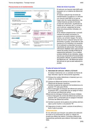 Técnico de diagnóstico - Transeje manual                                                                                                                 4WD

Precauciones en el mantenimiento                                                                                Antes de iniciar la prueba
                                                                                                                El vehículo con tracción total 4WD está
   A. Tipo de mecanismo de control del diferencial central E. Posición del engranaje de transmisión
                                                                                                                equipado con un sistema de diferencial
             Tipo bloqueo mecánico
                                                                                                                central.
             Tipo acoplamiento viscoso                                                                          Al realizar cualquier tipo de tarea de
             Tipo embrague hidráulico de discos múltiples                                                       mantenimiento o prueba en un vehículo
   B. Posición de modo del diferencial central                                                                  con tracción total 4WD en la que se
                                                            F. Posición del engranaje de la transferencia
      Varía según el modo.                                                                                      hagan girar las ruedas delanteras o las
      Consulte el Manual de reparaciones.                        Posición "H"               Posición "N"
                                                                                                                ruedas traseras (prueba de frenado,
   C. Las ruedas deben tocar el suelo o el vehículo ser
      levantado con el gato
                                                                                                                prueba del velocímetro, equilibrado de
                                                                                                                ruedas en el vehículo, etc.), o al remol-
                                                                                                                car el vehículo, asegúrese de tomar
                                                                                                                todas las precauciones indicadas a la
                                                            G. Velocidad de prueba del vehículo máxima
                                                               (velocímetro)                                    izquierda.
     Tocando el suelo         Levantado con el gato             Menos de         Menos de          Más de       Si se realizan preparaciones o procedi-
                                                                0,5 km/h         50 km/h           50 km/h
                                                                                                                mientos de prueba incorrectos, la
   D. Extracción del árbol de transmisión                                                                       prueba no se podrá realizar correcta-
                                                            H. Tiempo de prueba máximo
                                                                                                                mente y se correrán riesgos. Por tanto,
                                                                   60 seg.
                                                                                                                antes de iniciar cualquier tarea de man-
                                                            Siga siempre las siguientes medidas de seguridad:
                                                             1. No acelere ni disminuya la velocidad            tenimiento o prueba, compruebe los ele-
                                                                bruscamente.                                    mentos (A a H) indicados a la izquierda.
     Parte trasera                 Parte delantera           2. Siga las otras medidas de seguridad de cada
                                                                prueba individual.
                                                                                                                En la ilustración se describen los puntos
                                                                                                                importantes de cada prueba. Para obtener
                                                                                                                información detallada sobre cada procedi-
                                                                                                                miento de prueba consulte el Manual de
                                                                                                                reparaciones pertinente. Si va a realizar
                                                                                                                pruebas distintas de las indicadas, asegú-
                                                                                                                rese de que comprende el funcionamiento
                                                                                                                del probador utilizado, el sistema limitador
                                                                                                                del diferencial, etc., del diferencial central
                                                                                                                del vehículo en que se está realizando la
                                                                                                                prueba.
                                                                                                                                                          (1/1)

                                                                                              Prueba de fuerza de frenado
                                                                                              1. Velocidad del vehículo: inferior a 0,5 km/h
                                                                                                 Al realizar mediciones con un probador de frenos de
                                                                                                 baja velocidad, siga las instrucciones siguientes.
                                                                                              (1) Coloque las ruedas (delanteras o traseras) que va a
                                                                                                  probar en el probador.
                                                                                              (2) Coloque el diferencial central en la posición Libre.
                                                                                                  Diferencial de bloqueo mecánico:
                                                                                               • Cambie la palanca de selección de transferencia a la
                                                                                                  posición "H" (sólo para HF2A)
                                                                                               • Gire el interruptor de bloqueo del diferencial central a
                                                                                                  la posición OFF y compruebe que se apaga el indica-
                                                                                                  dor luminoso del diferencial central.
                                                                                              Diferencial de embrague hidráulico de discos múltiples:
                                                                                               • Gire el interruptor de control del diferencial central a la
                                                                                                  posición OFF y compruebe que se apaga el indicador
                                                                                                  luminoso del diferencial central.
                                                                                              (3) Cambie la posición de la palanca de cambios del tran-
                                                                                                  seje a punto muerto o a la posición "N".
                                                                                              (4) Haga girar el motor a ralentí, accione el servofreno y
                                                                                                  lleve a cabo la prueba.
                                                                                              OBSERVACIÓN:
                                                                                              En los vehículos que incluyen una palanca de selección
                                                                                              de modo en la transmisión se utiliza un método de
                                                                                              prueba que difiere del anterior. Consulte el Manual de
                                                                                              reparaciones pertinente para obtener información deta-
                                                                                              llada.
                                                                                                                                                   (1/1)



                                                                                          - 20 -
 