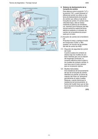Técnico de diagnóstico - Transeje manual                                                                                                           4WD

                                                                                                              4. Sistema de deslizamiento de la
                           Vástago de la palanca de cambios
                                                                                                                 horquilla de cambio
                                 Actuador de cambio
                                                                                                                 Para alternar entre la posición "L4" y
                                 de la transferencia                                                             la posición "H4", y para bloquear el
                                                                                                                 diferencial central, se utiliza un sis-
                                                                                                                 tema de deslizamiento de horquilla
                                                       Horquilla de cambio n° 2
                                                       (bloqueo      libre)                                      de cambio que utiliza un eje de la
                                                                                                                 horquilla de cambio. El cambio entre
                                                                                                                 velocidad baja y alta se realiza
                                                                                                                 mediante la palanca de transferen-
                                                                                                                 cia, mientras que el bloqueo del dife-
                                                                          Disyuntor de seguridad de control
                                       Horquilla de                       del motor                              rencial central se realiza de forma
                                       cambio n° 1
                                       (baja alta)
                                                                                                Motor            eléctrica mediante un actuador de
      Eje de la horquilla del cambio
                                                                                                                 cambio de la transferencia propul-
      (n° 1) alta y baja                    Engranaje conducido                                                  sado por el motor.

                                                                                    Muelles helicoidales
                                                                                                              (1) Actuador de cambio de la transferen-
                                       Engranaje conducido                                                        cia
                                                                                                                  Propulsa el motor y cambia el modo
                                                Engranaje de
                                                mando final                                                       de conducción ("Libre" o "Blo-
                                                  Piñón loco                                                      queado") en función de las señales
                                                                                                                  del relé de control de 4WD.
                                           Eje de la horquilla de cambio (n* 2)
                                           de transmisión delantera                                           <1> Disyuntor de seguridad de control
                                                                                  Horquilla de cambio nº 2
                                                                                                                  del motor
                                                                                                                  Cuando la placa de contacto se
                                                                                                                  desliza bajo los muelles de con-
                                                                                                                  tacto mientras gira con la rotación
                                                                                                                  del engranaje conducido, la
                                                                                                                  conexión eléctrica entre la placa y
                                                                                                                  los muelles de contacto cambia, lo
                                                                                                                  que hace que el motor siempre
                                                                                                                  pare en la posición óptima.
                                                                                                              <2> Muelles helicoidales
                                                                                                                  Si la resistencia de funcionamiento
                                                                                                                  del eje de la horquilla de cambio
                                                                                                                  delantero es grande, la fuerza de
                                                                                                                  rotación del motor se "almacena"
                                                                                                                  parcialmente en estos muelles.
                                                                                                                  Después, cuando disminuye la
                                                                                                                  resistencia de funcionamiento, la
                                                                                                                  fuerza del muelle hace que se des-
                                                                                                                  lice el eje de la horquilla de cambio
                                                                                                                  delantero.
                                                                                                                                                   (3/3)




                                                                                      -9-
 