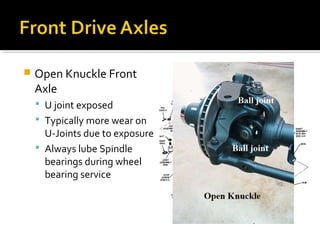 Open Knuckle Front
Axle
 U joint exposed
 Typically more wear on
U-Joints due to exposure
 Always lube Spindle
bearings during wheel
bearing service
 