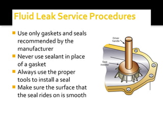  Use only gaskets and seals
recommended by the
manufacturer
 Never use sealant in place
of a gasket
 Always use the proper
tools to install a seal
 Make sure the surface that
the seal rides on is smooth
 