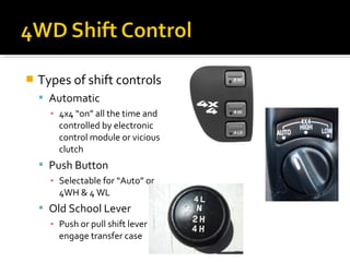  Types of shift controls
 Automatic
▪ 4x4 “on” all the time and
controlled by electronic
control module or vicious
clutch
 Push Button
▪ Selectable for “Auto” or
4WH & 4 WL
 Old School Lever
▪ Push or pull shift lever to
engage transfer case
 