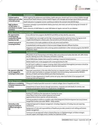 LSI
COVER STORY

Issue

Recommendations

While targeting the adolescents and children, health educators should reach out to school children through
Limited reach to
adolescents and other National Rural Health Mission's School Health Program with messages pertaining to good dietary practices.
vulnerable groups
Health education to pregnant women could be provided at the outreach sites (MCHN days).
High incidence
of LBW babies - a
contributor to insulin
resistance

Awareness campaign to promote better dietary practices, ante-natal care and rest during last-trimester of
pregnancy etc.
Have a directory of LBW babies to screen LBW babies at regular intervals for pre-diabetes

Strategy 2) Early Diagnosis (and screening)
No opportunistic
screening being
conducted at health
facilities for DM

Cross referrals from programs like RNTCP and NPCB can help identify cases early

Limited outreach of
screening facilities

Glucometers to be made available at all the sub centre level and PHCs

Non-diabetic but overweight and the high risk group people (having family history, having low birth
weight) should be given a dietary plan, exercise advice and followed-up after 6 months.

A standardized screening system to have accurate linkages between different facilities
Integration and collaboration with screening systems established in other national programs like RNTCP,
NPCB, RCH, NACP.

Issue

Recommendations
PPPs (Public Private Partnerships) with NGOs, CBOs and professional bodies (like IMA, IAP, OPPI, FOGSI
etc) for reaching out to the community with better screening
Use of IDRS (Indian Diabetic Risk score) for screening in resource limited situations
Mobile Health Units, to be equipped with screening facilities for DM
At CHC level in addition to regular screening, HbA1c (Glycosylated Haemoglobin) estimation should be
conducted and the diabetic management should be done based on
HbA1C results.

No separate cadre that
can be engaged for
screening in urban areas.

Municipal corporations in the state often function as a separate system. There is a need to collaborate
with the urban local bodies to synergize the health interventions being implemented by NPCDCS,
Ministry of Health and Family Welfare and Urban Development.
System of urban dispensaries or health centres set up by urban local bodies to be equipped with
screening tools and equipment

Strategy 3) Treatment
Filling up of medical specialist vacancies in medical colleges, district hospitals and CHCs..
Deficiency in availability
of Human resources at the
Empanelment of senior doctors through associations, corporate and individually for tertiary care
facilities
hospitals and peripheral centres for complications management
Issue

Recommendations
Building ICT platforms like telemedicine, GramSat for areas
where there is lack of any skilled manpower and limited
opportunities to hire or partner with private sector
Utilizing peripheral workforce available under ICDS (Integrated Child Development Services) Scheme Aanganwadi workers and under NRHM - ASHA workers.

Verticality in the
programs leading to
artificial shortages in
HR

Integrated approach to disease management, including integration of funding lines and reporting
mechanisms.
Realignment of roles and responsibilities of healthcare providers aimed at multi-skilling and holistic
disease management.
Continuum of care approach where a General Physician, an Ophthalmologist, an Endocrinologist,
vascular surgeon neurologist work in tandem for treatment of DM

LIFESCIENCE INDIA | August - September 2013 27

 