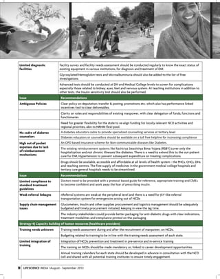 LSI
COVER STORY

Limited diagnostic
facilities

Facility survey and facility needs assessment should be conducted regularly to know the exact status of
existing equipment in various institutions, for diagnosis and treatment of DM
Glycosylated Hemoglobin tests and Microalbuminuria should also be added to the list of free
investigations
Advanced tests should be conducted at DH and Medical College levels to screen for complications
especially those related to kidney, eyes, feet and nervous system. At teaching institutions in addition to
other tests, the Insulin sensitivity test should also be performed.

Issue

Recommendations

Ambiguous Policies

Clear policy on deputation, transfer & posting, promotions etc, which also has performance linked
incentives tied to clear deliverables.
Clarity on roles and responsibilities of existing manpower, with clear delegation of funds, functions and
functionaries
Need for greater flexibility for the state to re-align funding for locally relevant NCD activities and
regional priorities, akin to NRHM flexi-pool.

No cadre of diabetes
counselors

A diabetes educators cadre to provide specialized counselling services at ter•ary level

High out of pocket
expenses due to lack
of reimbursement
mechanisms

An OPD based Insurance scheme for Non-communicable diseases like Diabetes.

Diabetes educators or counsellors should be available on a toll free helpline for increasing compliance
The exis•ng reimbursement systems like Rashtriya Swashthya Bima Yojana (RSBY) cover only the
hospitalization and not chronic illnesses like diabetes. There is a need to extend this to the out-patient
care for DM, Hypertension to prevent subsequent expenditure on treating complications.
Drugs should be available, accessible and affordable at all levels of health system - the PHCs, CHCs, DHs
and teaching centres. The free supply of medicines in the government medical college hospitals and
tertiary care general hospitals needs to be streamlined.

Issue

Recommendations

Limited compliance to
standard treatment
guidelines

Doctors need to be provided with a protocol based guide for reference, appropriate training and CMEs
to become conﬁdent and work away the fear of prescribing insulin.

Weak referral linkages

nReferral systems are weak at the peripheral level and there is a need for JSY-like referral
transportation system for emergencies arising out of NCDs

Supply chain management
issues

Glucometers, Insulin and other supplies procurement and logistics management should be adequately
budgeted and timely procurement initiated, keeping in view the lag time.
The industry stakeholders could provide better packaging for anti-diabetic drugs with clear indications,
treatment modalities and compliance printed on the packaging

Strategy 4) Capacity building of human resources (healthcare providers)
Training needs unknown

Training needs assessment during and after the recruitment of manpower, on NCDs.
Budgeting related to training to be in line with the training needs assessment of each state.

Limited integration of
training

Integration of NCDs prevention and treatment in pre-service and in-service training
The training on NCDs should be made mandatory or; linked to career development opportunities.
Annual training calendars for each state should be developed in advance in consultation with the NCD
cell and shared with all potential training institutes to ensure timely engagement.

28 LIFESCIENCE INDIA | August - September 2013

 