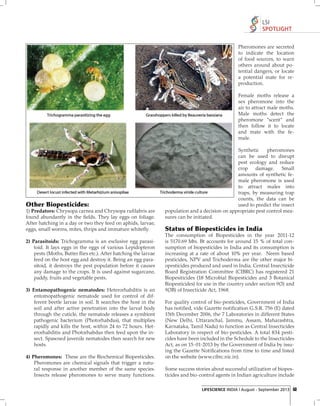 LSI
SPOTLIGHT
Pheromones are secreted
to indicate the location
of food sources, to warn
others around about potential dangers, or locate
a potential mate for reproduction.
Female moths release a
sex pheromone into the
air to attract male moths.
Male moths detect the
pheromone "scent" and
then follow it to locate
and mate with the female.

Other Biopesticides:
1) Predators: Chrysopa carnea and Chrysopa ruﬁ labris are
found abundantly in the ﬁelds. They lay eggs on foliage.
After hatching in a day or two they feed on aphids, larvae,
eggs, small worms, mites, thrips and immature whiteﬂy.
2) Parasitoids: Trichogramma is an exclusive egg parasitoid. It lays eggs in the eggs of various Lepidopteron
pests (Moths, Butter ﬂ ies etc.). After hatching the larvae
feed on the host egg and destroy it. Being an egg parasitoid, it destroys the pest population before it causes
any damage to the crops. It is used against sugarcane,
paddy, fruits and vegetable pests.
3) Entamopathogenic nematodes: Heterorhabditis is an
entomopathogenic nematode used for control of different beetle larvae in soil. It searches the host in the
soil and after active penetration into the larval body
through the cuticle, the nematode releases a symbiont
pathogenic bacterium (Photorhabdus), that multiplies
rapidly and kills the host, within 24 to 72 hours. Heterorhabditis and Photorhabdus then feed upon the insect. Spawned juvenile nematodes then search for new
hosts.
4) Pheromones: These are the Biochemical Biopesticides.
Pheromones are chemical signals that trigger a natural response in another member of the same species.
Insects release pheromones to serve many functions.

Synthetic
pheromones
can be used to disrupt
pest ecology and reduce
crop damage. Small
amounts of synthetic female pheromone is used
to attract males into
traps, by measuring trap
counts, the data can be
used to predict the insect
population and a decision on appropriate pest control measures can be initiated.

Status of Biopesticides in India
The consumption of Biopesticides in the year 2011-12
is 5170.69 Mts. Bt accounts for around 15 % of total consumption of biopesticides in India and its consumption is
increasing at a rate of about 10% per year. Neem based
pesticides, NPV and Trichoderma are the other major biopesticides produced and used in India. Central Insecticide
Board Registration Committee (CIBRC) has registered 21
Biopesiticides (18 Microbial Biopesticides and 3 Botanical
Biopesticides) for use in the country under section 9(3) and
9(3B) of Insecticide Act, 1968.
For quality control of bio-pesticides, Government of India
has notiﬁed, vide Gazette notiﬁcation G.S.R. 756 (E) dated
15th December 2006, the 7 Laboratories in different States
(New Delhi, Uttaranchal, Jammu, Assam, Maharashtra,
Karnataka, Tamil Nadu) to function as Central Insecticides
Laboratory in respect of bio-pesticides. A total 834 pesticides have been included in the Schedule to the Insecticides
Act, as on 15-01-2013 by the Government of India by issuing the Gazette Notiﬁcations from time to time and listed
on the website (www.cibrc.nic.in).
Some success stories about successful utilization of biopesticides and bio-control agents in Indian agriculture include
LIFESCIENCE INDIA | August - September 2013 53

 