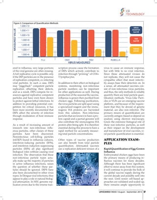 LSI
TECHNOLOGY

ered in inﬂuenza, very large portions
of the viral genome are often missing.
A full replicative cycle is possible only
if the DIP particles are in the presence
of replication-competent, co-infecting
viral particles. In such a case, DIPs
may “piggyback” competent particle
replication offsetting their defects,
and as a result, DIPs compete for resources against replicative-competent
particles and have even been shown
to protect against lethal infections. In
addition to providing potential competition for critical resources, it has
been more recently documented that
DIPs affect the severity of infection
through modulation of host immune
response.
As a result of increasing amount of
research into non-infectious inﬂuenza particles, other classes of these
particles have been discovered.
Noninfectious cell-killing particles
(niCKP) found in inﬂuenza cultures,
interferon-inducing particles (IFPs),
and interferon induction-suppressing
particles (ISPs) all play signiﬁcant
biological roles without causing viral
infection. The observation that these
non-infectious particle types actually make up the majority of particles
in active inﬂuenza infections, raises
the question of whether these particles should be ignored. DIPS have
also been documented in other virus
types. In Dengue viral infections, they
appear to play a role in natural biological attenuation. In HIV, genome replication errors due to the reverse tran-

scription process cause the formation
of DIPs which actively contribute to
infection through “priming” of CD4+
T lymphocytes.
In addition to their effect on biological
systems, monitoring non-infectious
particle numbers can be important
for other applications as well. During
production of the seasonal ﬂu vaccine,
inﬂuenza is grown then puriﬁed from
chicken eggs. Following puriﬁcation,
the virus particles are split apart using
a specialized reagent and the immunogenic HA proteins are harvested
from this solution. Non-infectious
particles that are known to have a protein capsid and a partial genome will
also contribute the immunogenic HA
protein after being split. It is therefore
essential during this process to have a
rapid method for accurately measuring total particle concentrations.
Other types of vaccine production
can also beneﬁt from total particle
quantiﬁcation. Attenuated vaccines
use a replication deﬁcient version of a

virus to cause an immune response,
but with little to no viral infection.
Since these attenuated viruses do
not replicate, they will not cause the
cytopathic effect that most infectivity assays base their detection on. In
a sense, all attenuated vaccines consist of non-infectious virus particles,
and thus, the only methods to reliably
quantify them are total particle quantiﬁcation methods. Virus-Like Particles or VLPs are an emerging vaccine
platform, and because of the requirement that they be devoid of genetic
material, are also non-infective. The
primary means of quantiﬁcation are
currently antigen-based or depend on
analysis using electron microscopy.
Given the extensive biological role of
these non-infective particles, as well
as their impact on the development
and manufacture of viral vaccines, viral particle quantiﬁcation is essential.

APPLICATION EXAMPLES
Rapid Quantification of Egg-Grown
Influenza
Embryonated chicken eggs have been
the primary means of producing inﬂuenza vaccines for many decades.
Although there has been signiﬁcant
effort to move away from this system,
it will continue to provide the bulk of
the global vaccine supply during the
current decade and possibly well into
the next. Until newer cell-based approaches are validated and scaled-up,
there remains ample opportunity to
LIFESCIENCE INDIA | August - September 2013 57

 