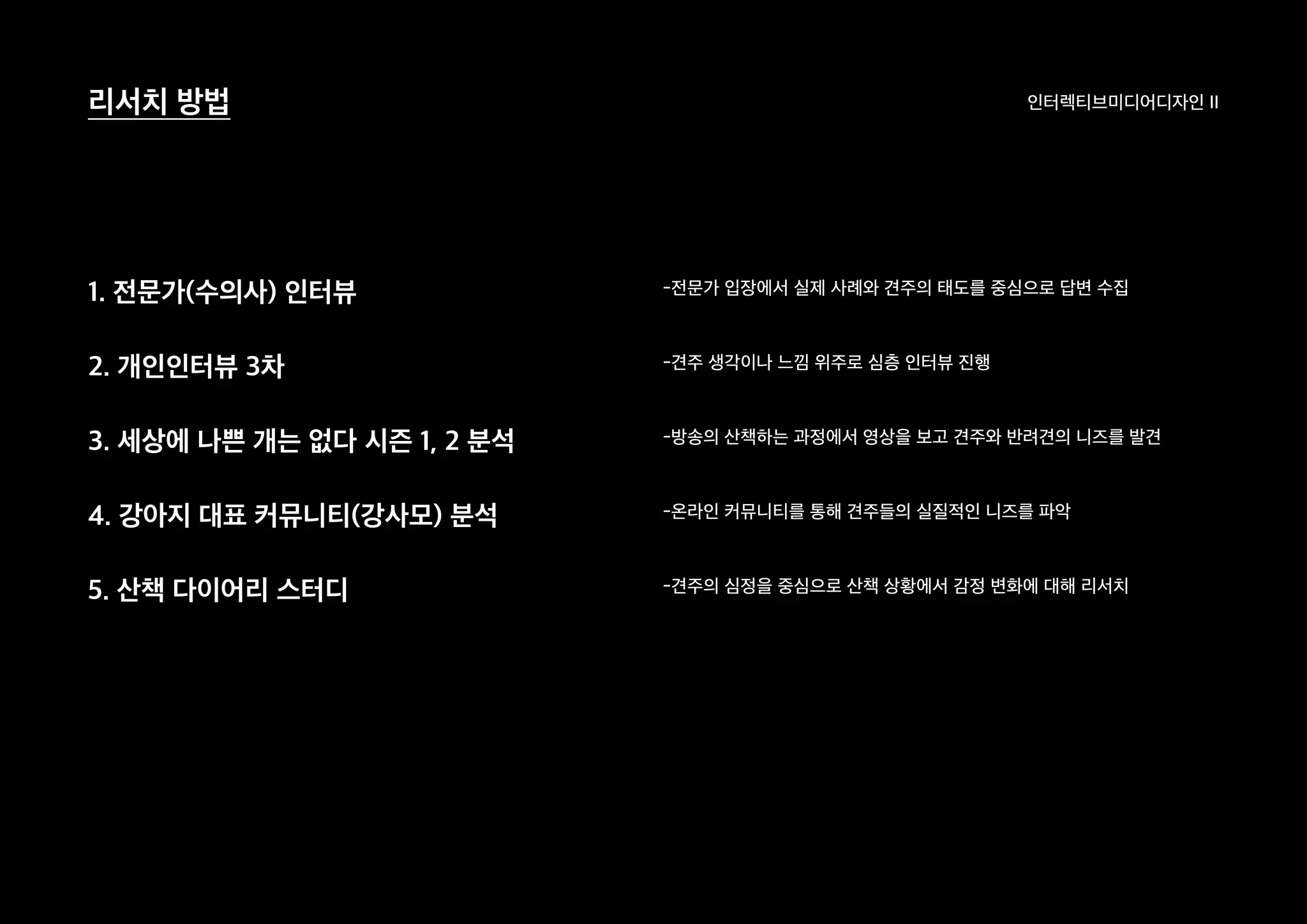 인터렉티브미디어디자인 II리서치 방법
1. 전문가(수의사) 인터뷰
2. 개인인터뷰 3차
3. 세상에 나쁜 개는 없다 시즌 1, 2 분석
4. 강아지 대표 커뮤니티(강사모) 분석
5. 산책 다이어리 스터디
-전문가 입장에서 실제 사례와 견주의 태도를 중심으로 답변 수집
-견주 생각이나 느낌 위주로 심층 인터뷰 진행
-방송의 산책하는 과정에서 영상을 보고 견주와 반려견의 니즈를 발견
-온라인 커뮤니티를 통해 견주들의 실질적인 니즈를 파악
-견주의 심정을 중심으로 산책 상황에서 감정 변화에 대해 리서치
 