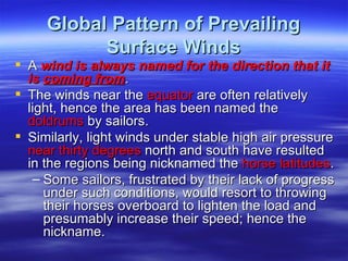 Global Pattern of Prevailing
           Surface Winds
 A wind is always named for the direction that it
  is coming from.
 The winds near the equator are often relatively
  light, hence the area has been named the
  doldrums by sailors.
 Similarly, light winds under stable high air pressure
  near thirty degrees north and south have resulted
  in the regions being nicknamed the horse latitudes.
   – Some sailors, frustrated by their lack of progress
     under such conditions, would resort to throwing
     their horses overboard to lighten the load and
     presumably increase their speed; hence the
     nickname.
 
